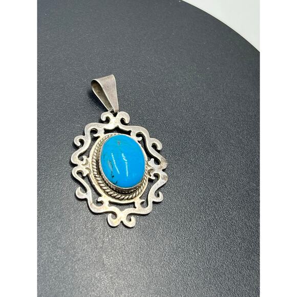 Signed Sterling Silver Blue Turquoise Scroll Filigree pendant TV-75 Mex 925 - Picture 4 of 8